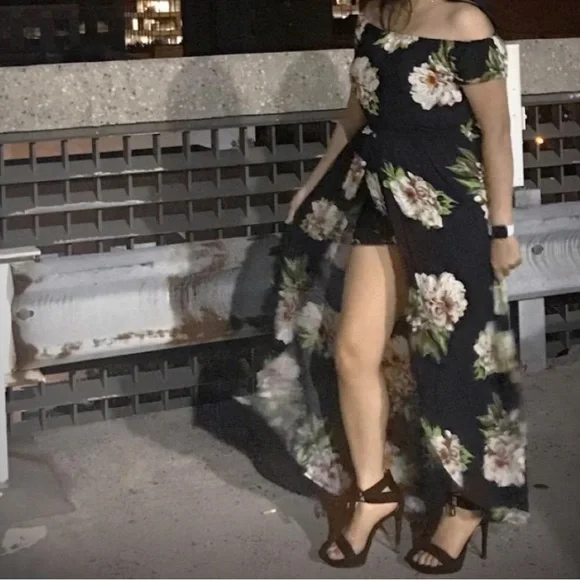 knee length dresses for ladies Emerald Green Off Shoulder Solid Split Maxi Romper Dress_ M main image 1